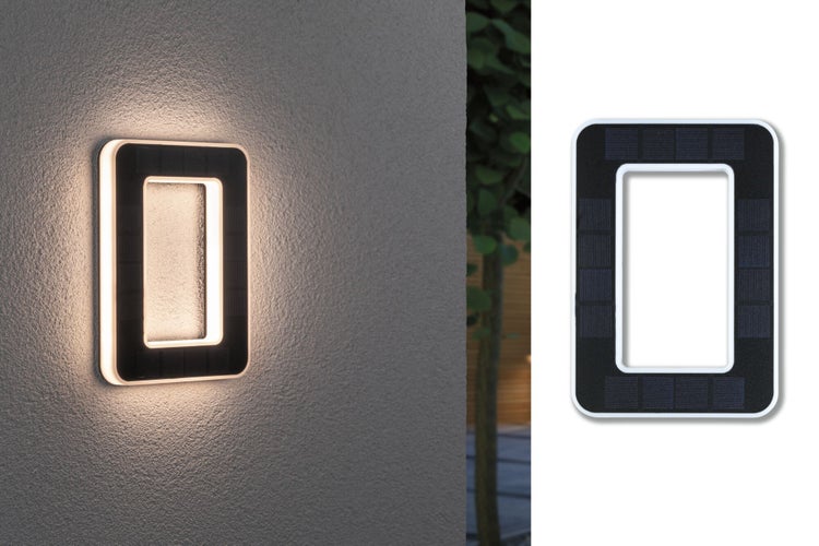 Rechteckige LED Solar Hausnummer 0 mit Solarpanel und moderner Rahmenoptik zur Wandmontage