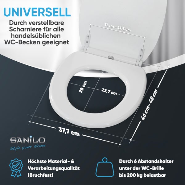 Universal-WC-Sitz mit Maßen: Breite 37,7 cm, Länge 46 bis 48 cm, Innenmaße 22,7 x 28 cm, Scharnierabstand 11 bis 21,5 cm. Belastbar bis 200 kg.