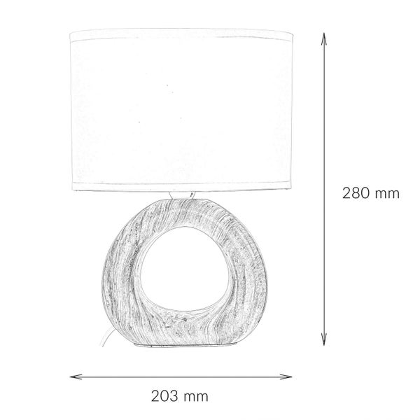 Skizze einer Tischleuchte mit den Maßen 280 mm Höhe und 203 mm Breite