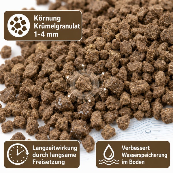 Krümelgranulat mit 1 bis 4 Millimeter Körnung für Langzeitwirkung und verbesserte Wasserspeicherung im Boden.