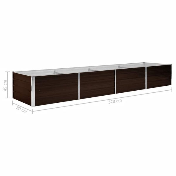 Hochbeet aus Stahl in Braun, 320 Zentimeter lang, 80 Zentimeter breit und 45 Zentimeter hoch.