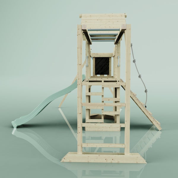 Spielturm mit Rutsche, Kletterwand, Strickleiter und Reckstange aus Holz