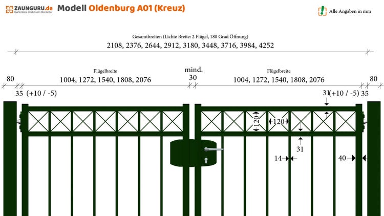 Technische Zeichnung Modell Oldenburg A01 (Kreuz) mit Maßangaben