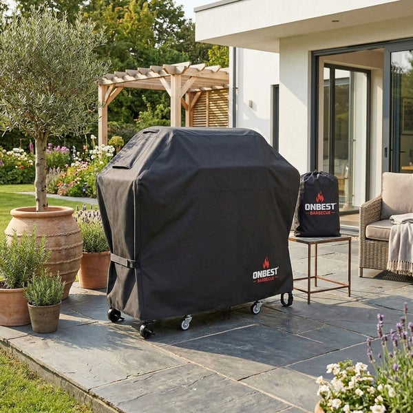 Schwarze Grillabdeckung von Onbest Barbecue auf einer modernen Steinterrasse mit Gartenmöbeln und Pflanzen.