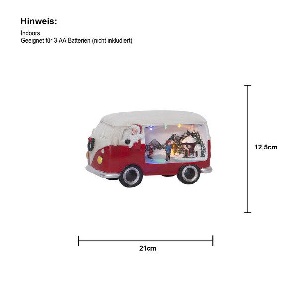 Dekorative rote Weihnachts-Campingbus-Figur mit Weihnachtsszene und LED-Beleuchtung, Abmessungen 21 x 12,5 cm