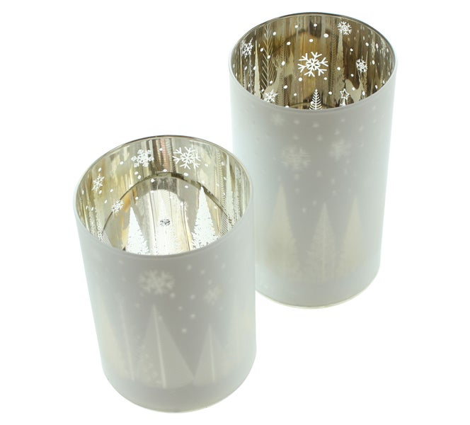 FRANK FLECHTWAREN | Windlicht Winterlandschaft, 2er Set, D: 9 x 12,5cm, D: 9 x 15cm, GLAS