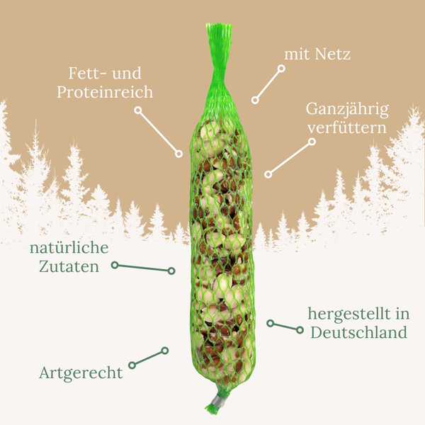 Fett- und proteinreiches Wildvogelfutter im Netz, ganzjährig verfütterbar, aus natürlichen Zutaten, hergestellt in Deutschland, artgerecht.