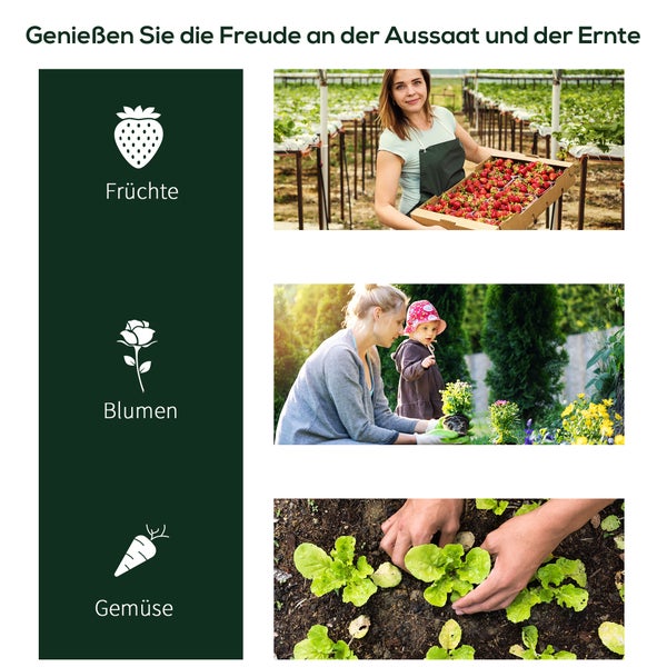 Aussaat und Ernte: Frau mit Erdbeeren, Frau und Kind pflanzen Blumen, Hände pflanzen Salat