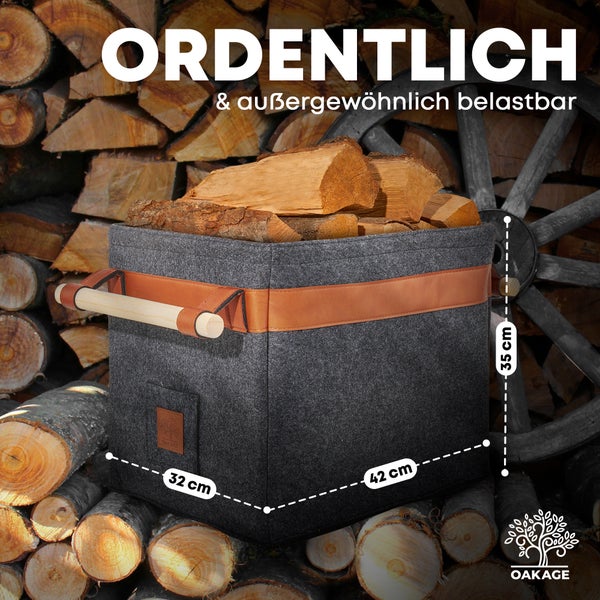 OAKAGE® Classic Dunkelgrau Holzkorb Filz - Metallrahmen für Zusatzstabilität - 42x32x35cm