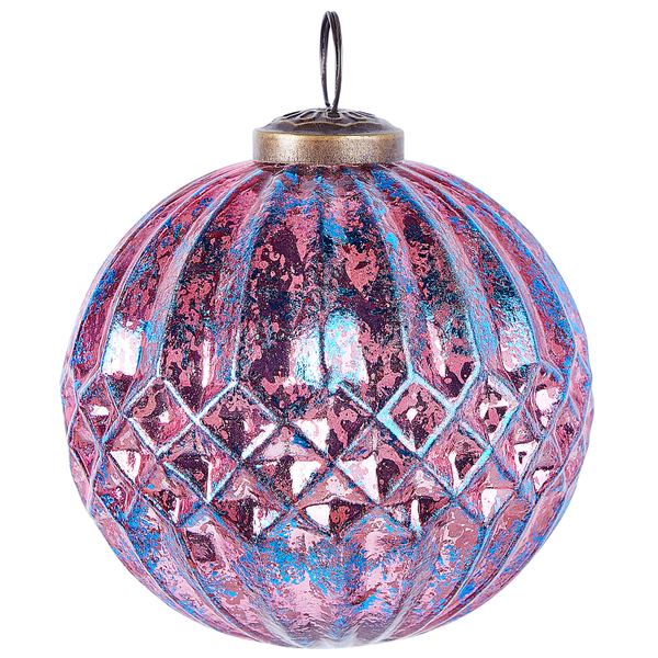 Christbaumkugel aus Glas mit Rautenmuster und vertikalen Rillen, Antik-Optik, zum Aufhängen.