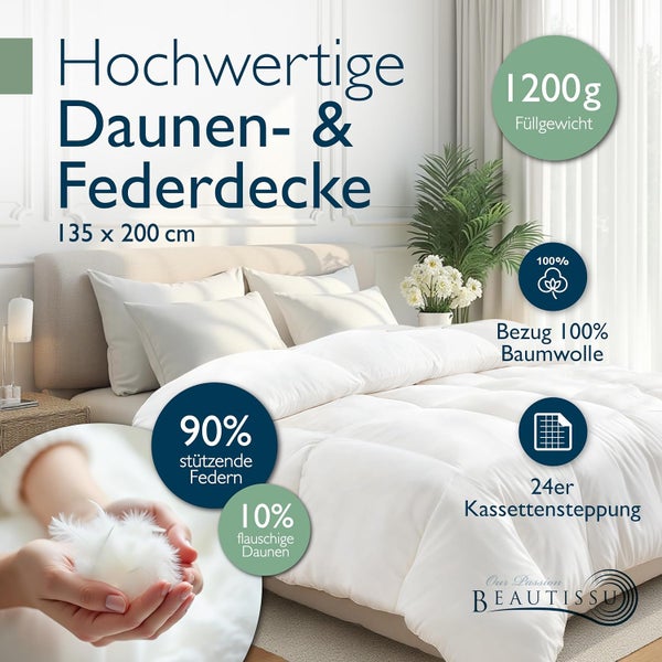 Daunen- und Federdecke, 135 mal 200 Zentimeter, 100 Prozent Baumwollbezug, 24er Kassettensteppung, 90 Prozent Federn, 10 Prozent Daunen, 1200 Gramm.
