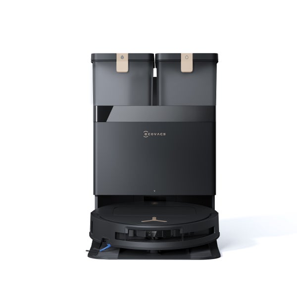 ECOVACS Saug- und Wischroboter mit Reinigungsstation, zwei Wassertanks für Frischwasser und Schmutzwasser sowie Ecovacs Logo.