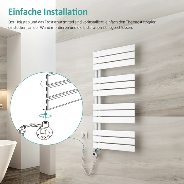 EMKE Elektrischer Badheizkörper 132x50 cm, 800 W vertikaler Flachheizkörper mit Thermostat & Timer, Handtuchwärmer,  Handtuchtrockner, Weiß, seitlich offen, für Badezimmer