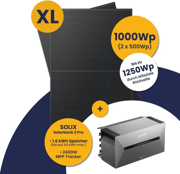 Balkonkraftwerk Set mit zwei 500 Watt Peak bifazialen Solarmodulen und Anker SOLIX Solarbank 2 Pro mit 1,6 Kilowattstunden Speicher.