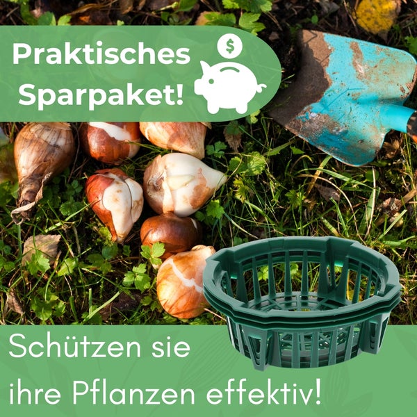 Sparpaket mit Blumenzwiebeln, Pflanzkörben und einer kleinen Schaufel auf Gras