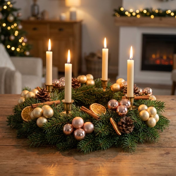Weihnachtlicher Adventskranz aus Tannengrün mit vier brennenden Kerzen, dekoriert mit Weihnachtskugeln, getrockneten Orangenscheiben und Zapfen.