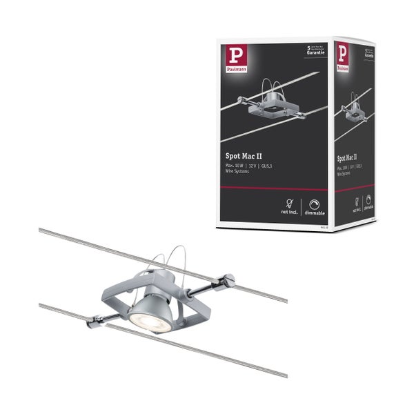 Paulmann Seilsystem Spot Mac II für GU5,3 Leuchtmittel, 12 Volt, dimmbar, inklusive Produktverpackung mit Paulmann Logo.