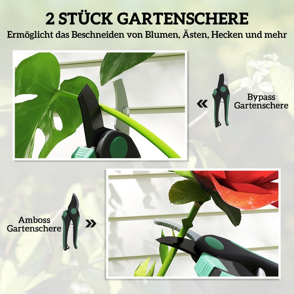 Zwei Gartenscheren im Set: Amboss-Gartenschere und Bypass-Gartenschere bei der Gartenarbeit