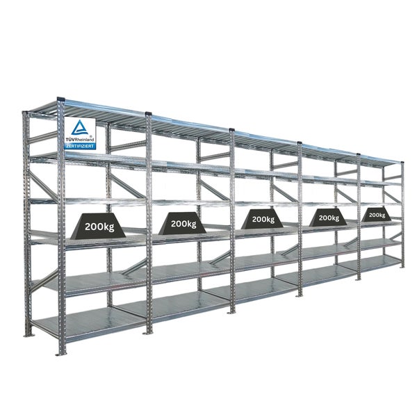 Stahlregal mit fünf Regalebenen, belastet mit Gewichten von 200 kg, geprüft durch TÜV Rheinland