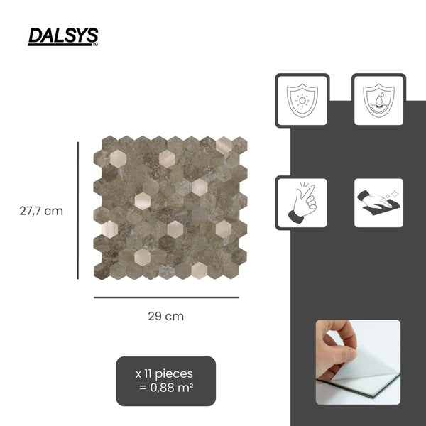 Dalsys Logo. Selbstklebende Mosaikfliesen, Hexagonal, Stein- und Metalloptik, 27,7 mal 29 Zentimeter. Ultraviolett- und wasserbeständig, 11 Stück.