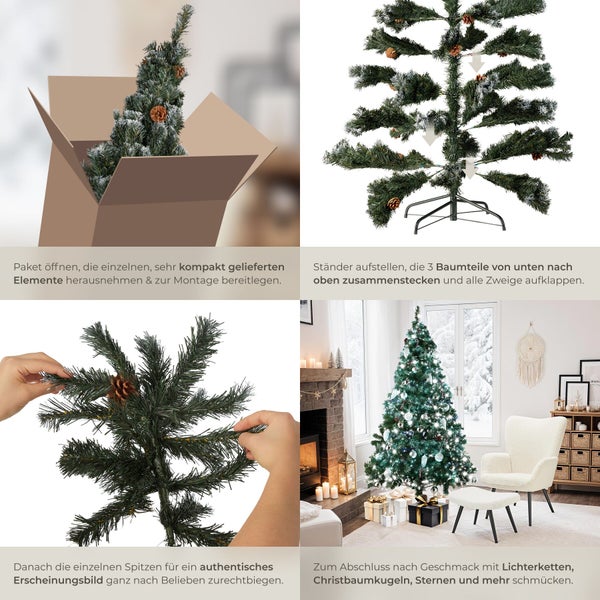 Anleitung zur Montage und Dekoration eines künstlichen Weihnachtsbaums mit Tannenzapfen und Schneeoptik in einer Wohnumgebung.