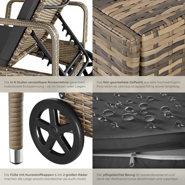 Rattan Sonnenliege tectake  200 x 70 x 33 cm widerstandsfähig natur/dunkelgrau