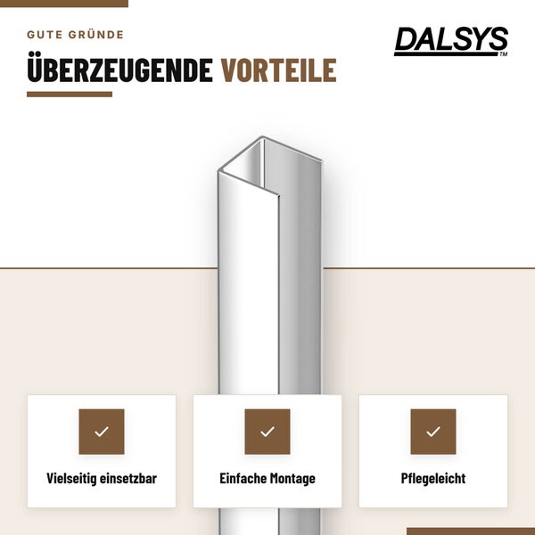 Dalsys Logo mit U Profil aus Metall, vielseitig einsetzbar, einfache Montage, pflegeleicht.