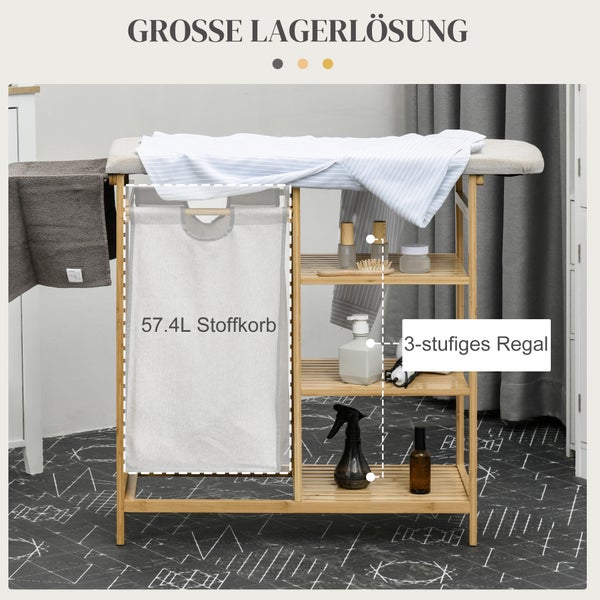 Badezimmerregal mit Wäschesammler und drei Ablageflächen