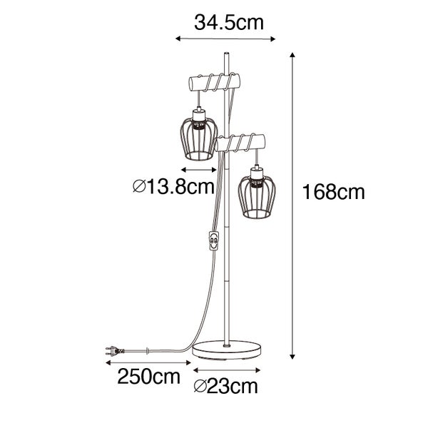 Abmessungen einer Stehlampe mit zwei Lampenschirmen, Gesamthöhe 168 cm