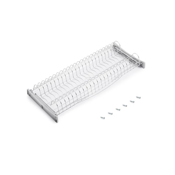 Abtropfgestell für Küchenschränke aus Metall mit Auffangschale und Befestigungsschrauben.