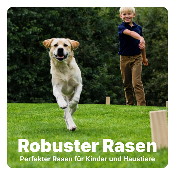 Kind spielt mit Hund auf einem robusten, strapazierfähigen Rasen im Garten.