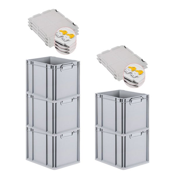 PROREGAL Spar Set 5x Eurobox Nextgen Economy Mit Scharnierdeckel & Gelben Schiebeschnappverschlüsse Griffe Geschlossen HxBxT 32 x 30 x 40 cm 30 Liter