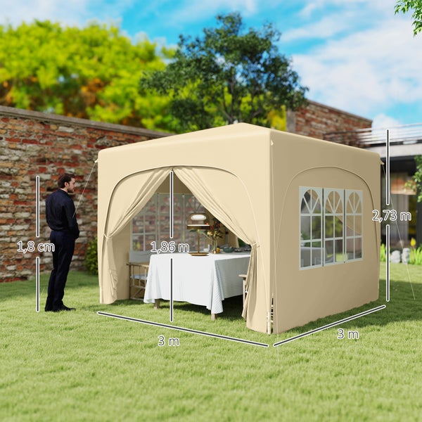 Outsunny Pavillon 3x3m, wasserabweisend Stabil Winterfest Pop-up Faltpavillon, UV Schutz 50+, Faltbar Partyzelt Gartenzelt mit 4 Seitenteilen Tasche Gartenpavillon für Camping Garten, Sand