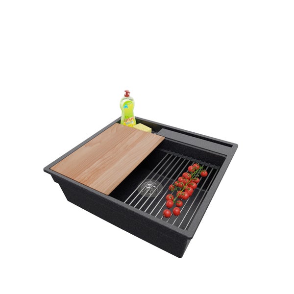 PRIMAGRAN Spülbecken Anthrazit 58x53cm, Granitspüle 1 Becken + Ablauf-Set + Küchenzubehörset, Küchenspüle ab 60er Unterschrank - Oslo Pocket