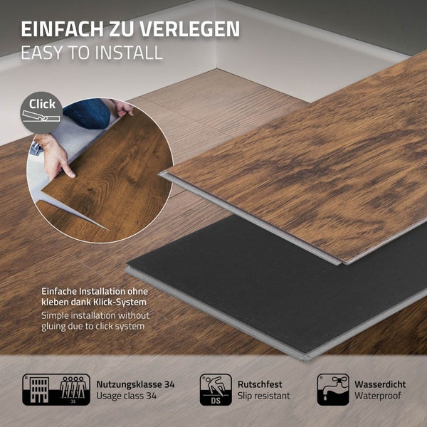 ML-Design Deluxe PVC Bodenbelag, Click Vinyl-Dielen, Vinylboden, 122 cm x 18 cm x 4,2 mm, Dicke 4,2 mm, 3,08m²/14 Dielen, Classic Akazie, Braun, Holzoptik, rutschfest, wasserfest, Belastungsklasse 34