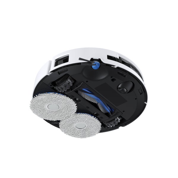 Unterseite eines Saug- und Wischroboters mit zwei runden Wischerpads, Seitenbürste und Hauptbürste.