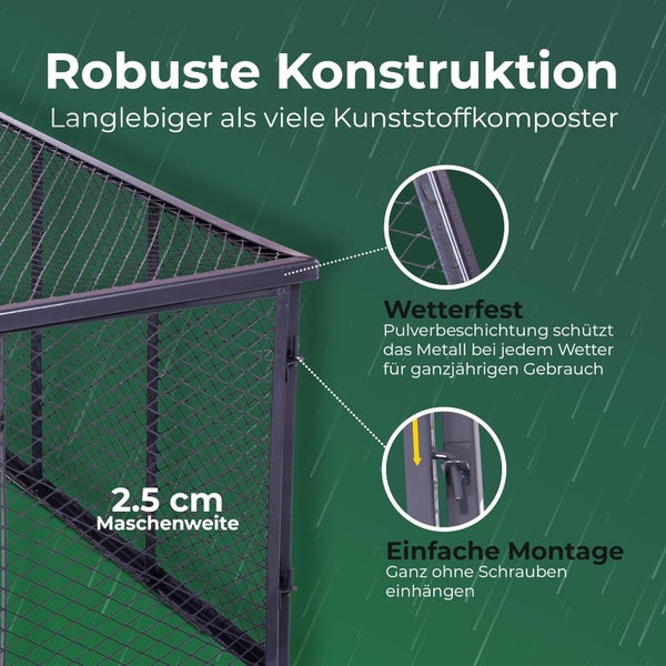 Metallkomposter mit wetterfester Pulverbeschichtung, 2,5 Zentimeter Maschenweite und werkzeugloser Montage durch einfaches Einhängen.