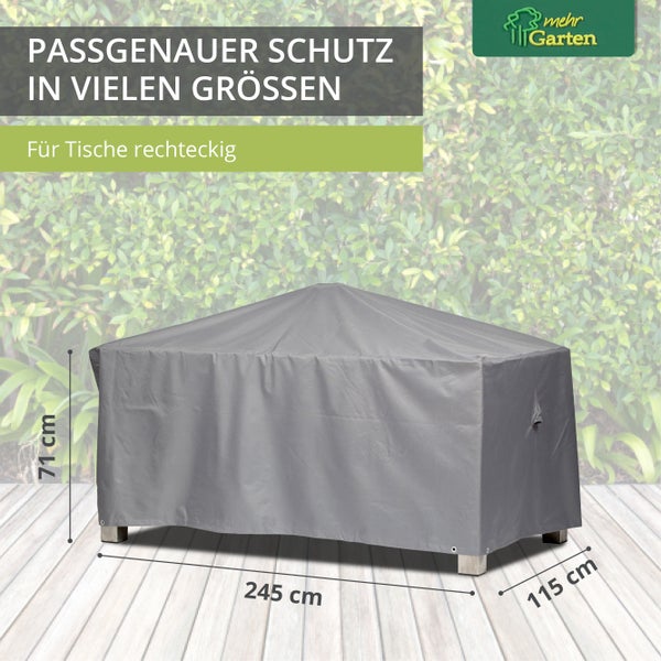 Mehr Garten - Premium Gartentisch-Schutzhülle eckig: 185(B)x105(T)x71(H) cm I Robuste Abdeckung für Gartentische wasserdicht und wetterfest aus Oxford 600D Gewebe I Lichtgrau