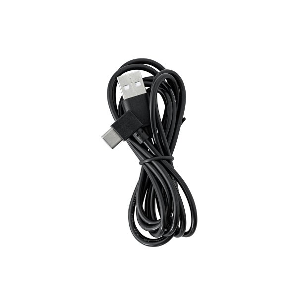 Schwarzes USB-Ladekabel mit USB-A- und USB-C-Stecker, aufgewickelt.