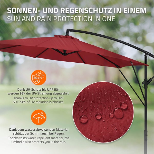 Freischwingender Ampelschirm mit UV Schutzfaktor 50 plus und wasserabweisendem Bezug fuer Garten und Terrasse.
