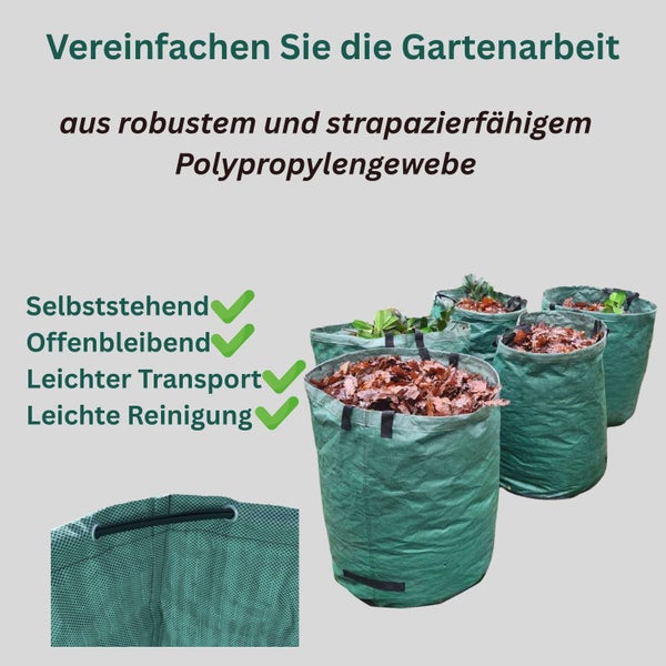 Mehrere grüne Gartenabfallsäcke aus robustem Polypropylengewebe, selbststehend und offenbleibend, gefüllt mit Laub.