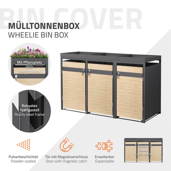 Dreier-Mülltonnenbox aus pulverbeschichtetem Stahl mit Lärchendekor-Türen, Pflanzdach, Magnetverschluss und erweiterbarem System.