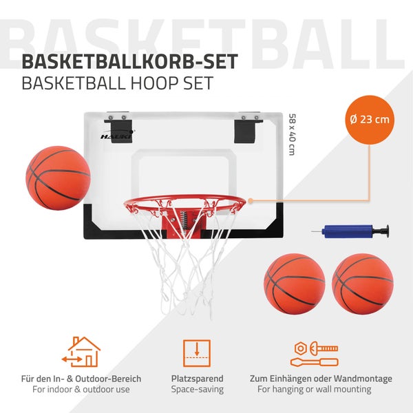 Hauki Mini Basketballkorb fürs Zimmer im Set 3 Bälle Ø16cm, Netz, Pumpe, 58x40 cm, Weiß, tragbar, Backboard Tür/Wandmontage, ohne Bohren, Indoor Basketball Hoop hängend, Hängebrett Basketballbrett