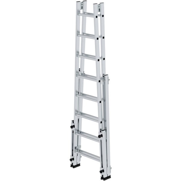 Teleskopleiter aus Aluminium mit verstellbaren Elementen und Sprossen.