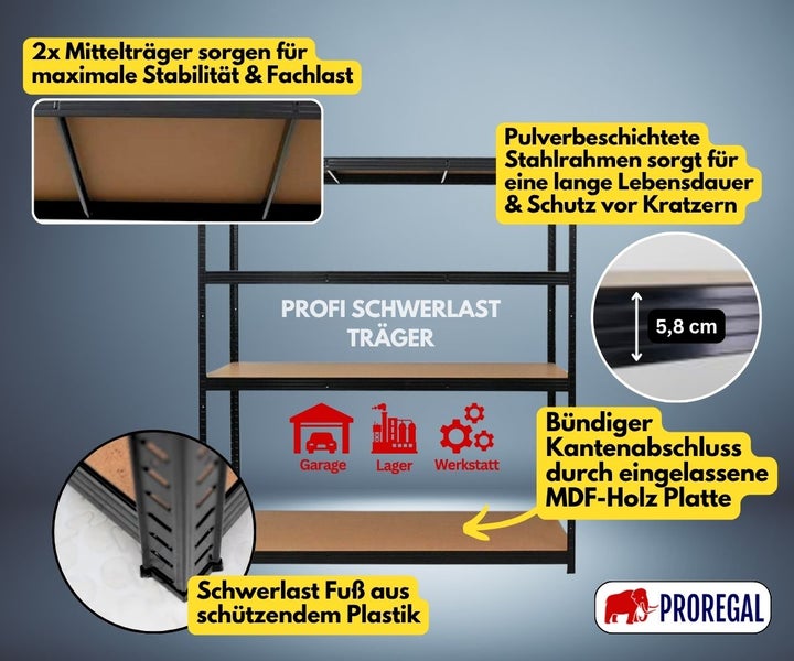 Profi Schwerlastregal von Proregal mit pulverbeschichtetem Stahlrahmen, bündig eingelassenen MDF-Platten, zwei Mittelträgern und Kunststofffüßen.