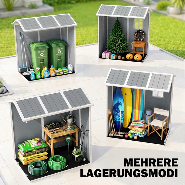 Vier offene Geräteschuppen für die Außenlagerung, genutzt für Mülltonnen, Dekoration, Gartenarbeit und Sportausrüstung auf einer Terrasse.