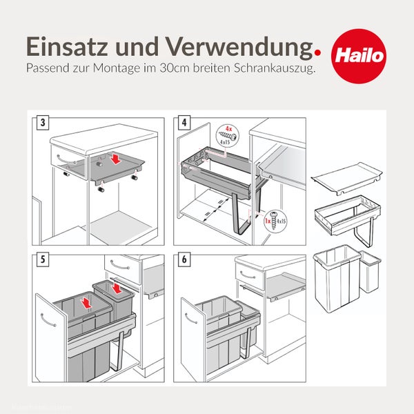 Hailo Logo, Montageanleitung für ein Mülltrennsystem in einem 30 Zentimeter breiten Schrankauszug mit vier bebilderten Schritten.