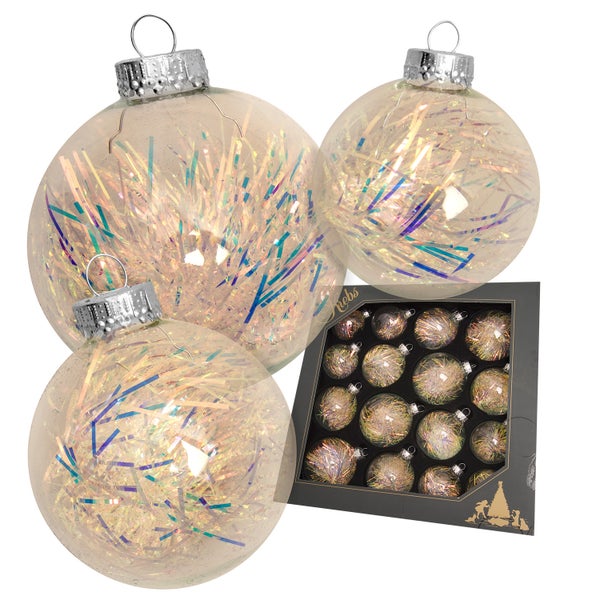 Christbaumkugeln mit Lametta-Füllung und Verpackung