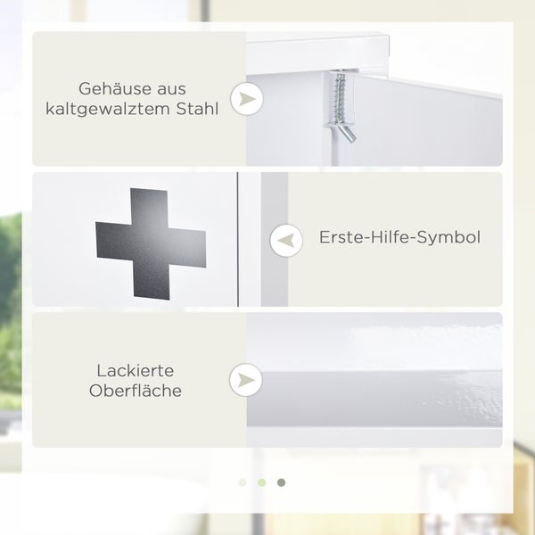 kleankin Medizinschrank, Erste Hilfe Schrank, Apothekerschrank mit 3 Innenfächern, Arzneischrank mit Magnetverschluss, Medikamentenschrank mit Griff, Stahl, Weiß, 30 x 12 x 60 cm
