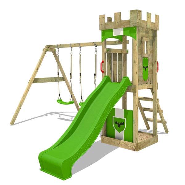 FATMOOSE Spielturm Klettergerüst TreasureTower mit Schaukel und Rutsche, Kletterturm mit Sandkasten, Leiter und Spiel-Zubehör - apfelgrün